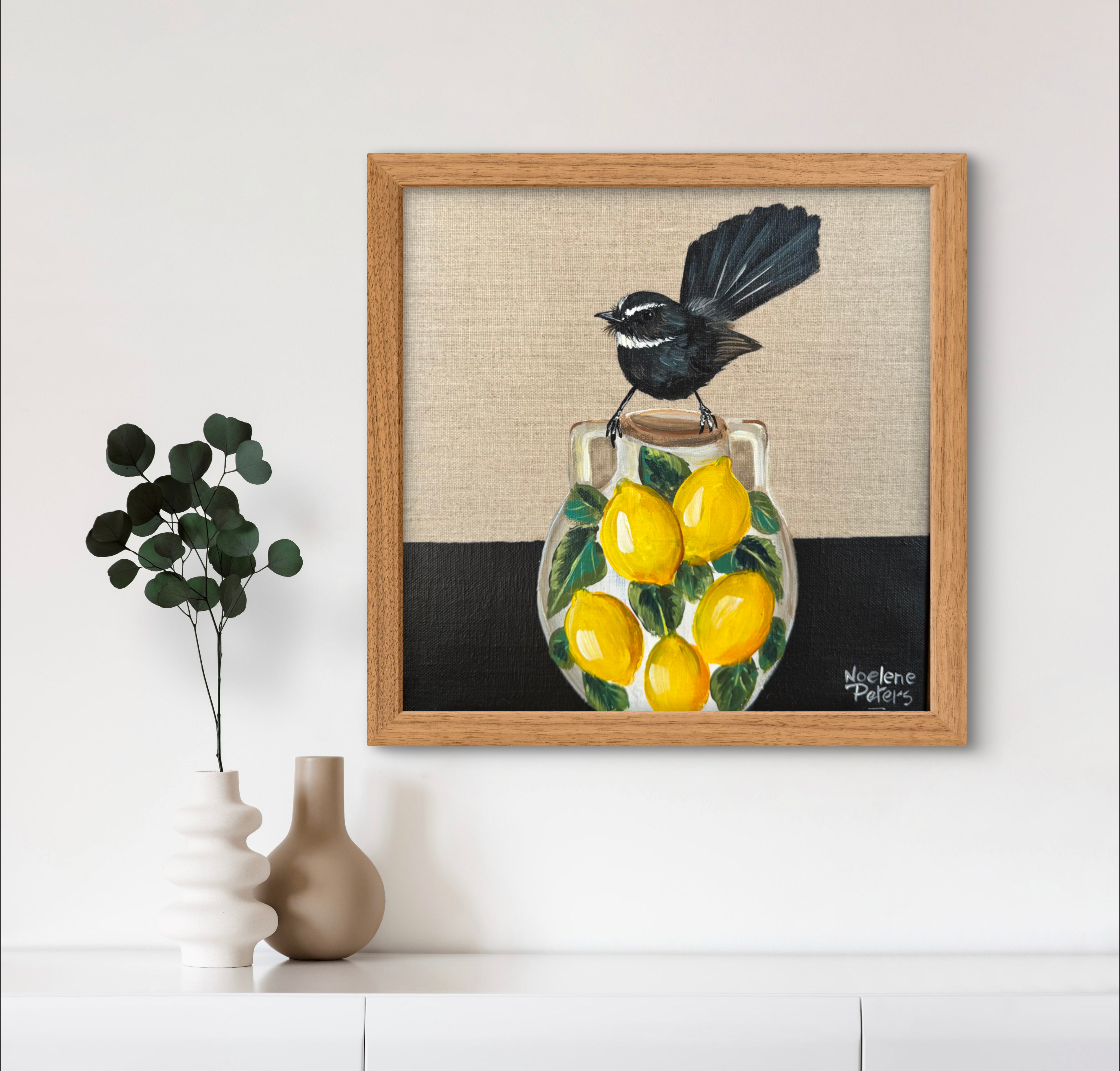 Willy Wagtail on a Lemon Vase